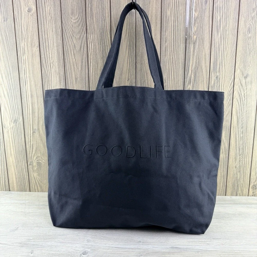 GOODLIFE Large Black Canvas Tote Bag Made in USA Logo Shoulder Shopper Pocket